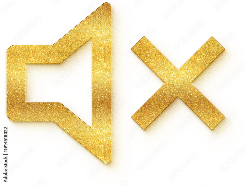 Obraz premium Golden glitter textured volume mute outline icon for silent audio