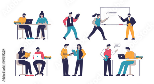 Group of Students and Professionals Collaborating in Educational and Office Settings