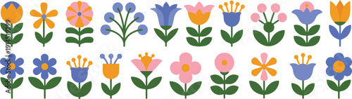 Abstract Folk Flowers Vector Set Flat Spring and Summer Blossoms