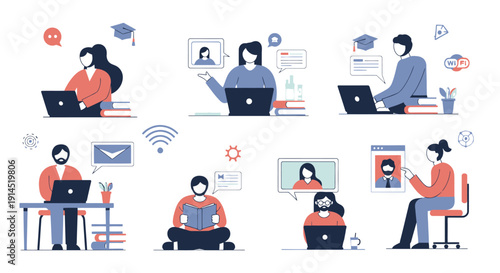 Online learning and remote work scenes with students and professionals at laptops