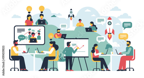 Team Collaboration and Innovation Workspace with Laptops and Rocket Icons