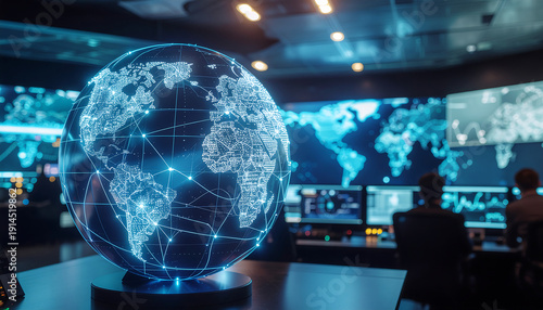 A photorealistic image of a glowing globe in a futuristic control room with multiple screens and people working