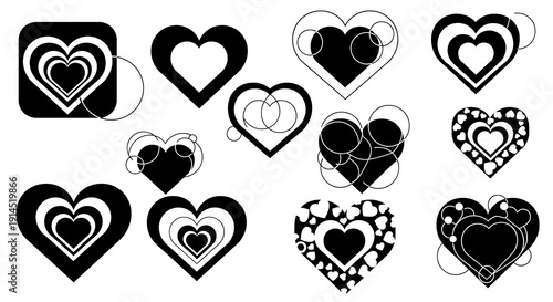 Set of Decorative Heart Icons with Layered Silhouettes, Abstract Geometric Patterns, and Bubbles for Romantic Design