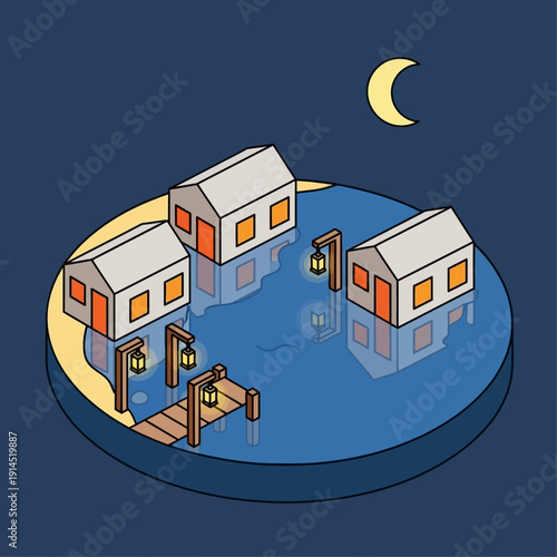 Serene nighttime scene with three houses on a small island.