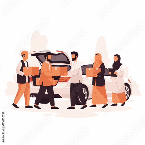 Muslim volunteers loading donation boxes for charity