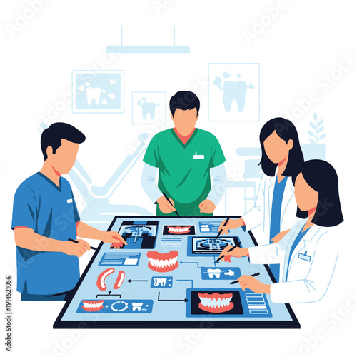 Dental Team Analyzing Patient X-ray Data on Interactive Tablet