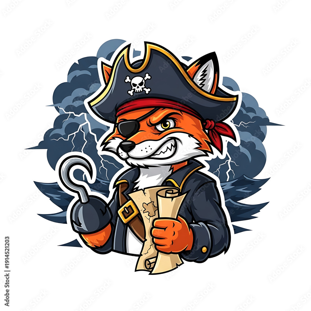 Obraz premium Pirate Fox Captain with Treasure Map and Hook in Stormy Sea Scene