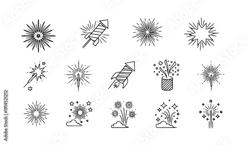 Fireworks outline icon set vector celebration and festive symbols isolated on transparent background