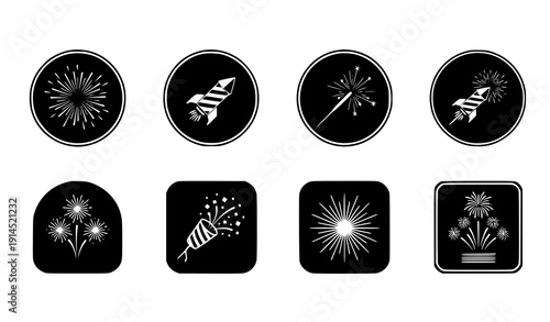 Fireworks badge icon set vector celebration and festive symbols isolated on transparent background