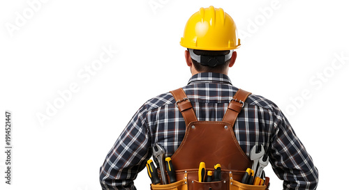 Construction Worker with Tool Belt Seen from Behind