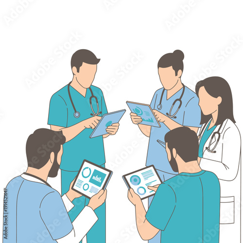 Medical team analyzing tablets and charts in discussion