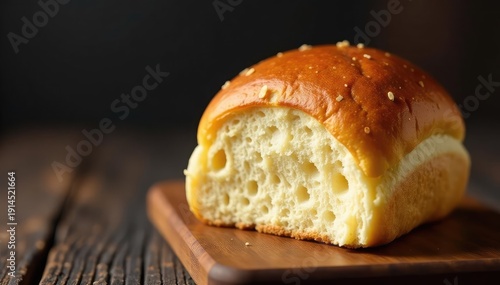Golden brown artisan bun, crusty top, soft inside, airy, food, pastry