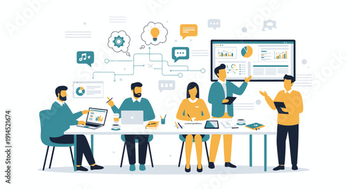 Team Collaboration in Modern Office with Presentation and Tablets