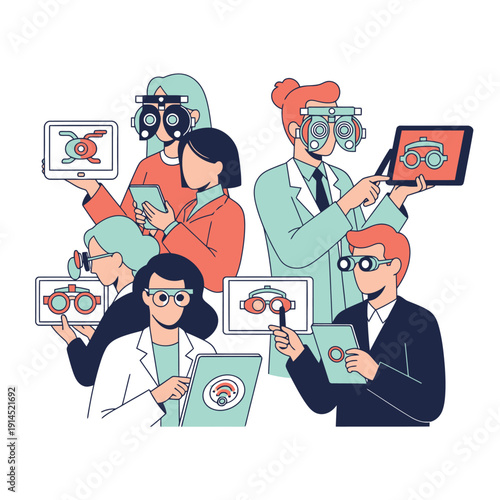 Medical Team of Eye Care Specialists Using Diagnostic Equipment