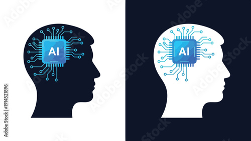 Ai integration in human mind - Blue icon set - Modern style icon - Vector icon set - Glyph and solid icon set - Icon vector - Flat Design Icon - Stock illustration