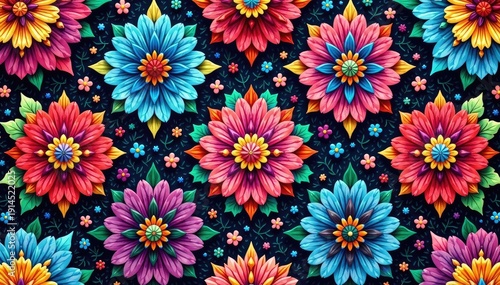 Intricate floral pattern, vibrant colors repeating seamlessly, colorful, illustration, flowers