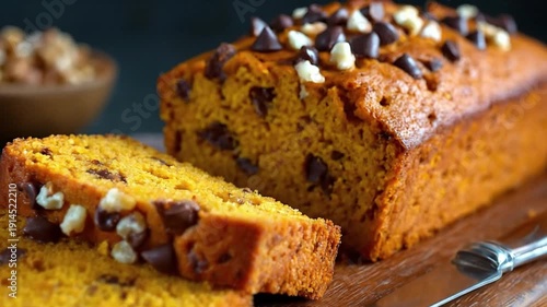 Wallpaper Mural Sliced loaf of pumpkin bread with chocolate chips and walnuts on wooden board with knife bowl in background Torontodigital.ca