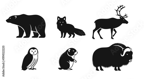 Black and white silhouette illustration of a collection of arctic animals including a polar bear arctic fox reindeer snowy owl lemming and muskox