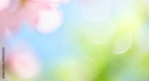 Blurred background with soft pink flowers and bokeh light effects against a blue sky