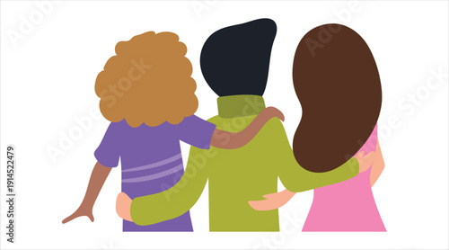 Three friends sharing a warm embrace together Vector