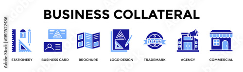 Business Collateral Icon Set Collection Pack Banner Web Vector Illustration  Concept Containing Stationery, Business Card, Brochure, Logo Design, Trademark, Agency, Commercial