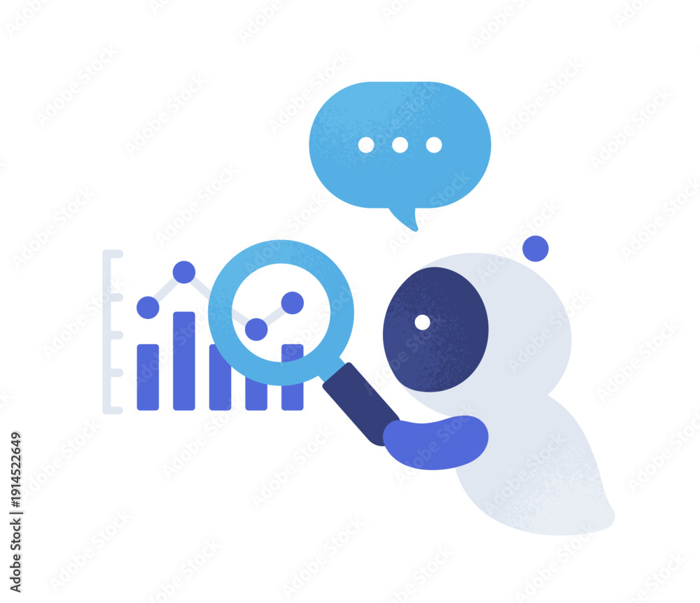 Fototapeta premium 虫眼鏡を持つAI。データをチェックする人工知能のベクターイラスト素材。