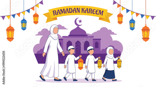 Festive Ramadan Illustration with Family and Traditional Lanterns