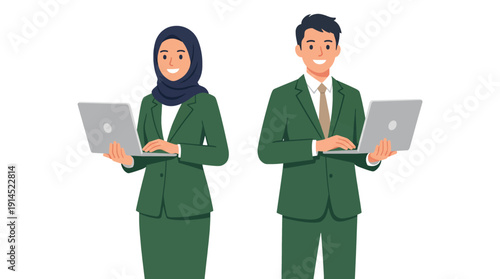 Muslim Woman and Man in Business Attire with Laptops