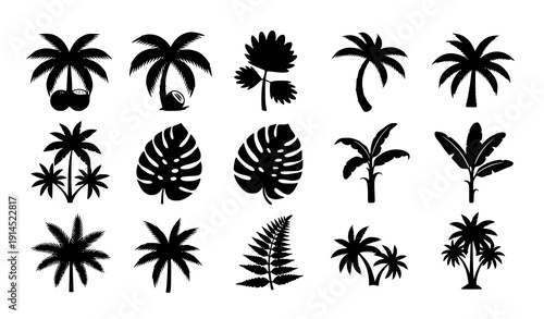 Tropical palm logo silhouette icon set vector nine black plant symbols isolated on transparent background