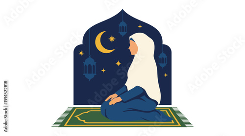 Muslim Woman Praying on Prayer Mat with Lanterns and Moon