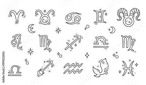 Hand drawn zodiac signs doodle set vector astrology esoteric symbols isolated on transparent background