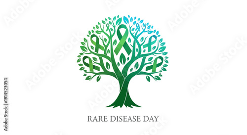 A vector illustration of a tree with leaves forming a support system for Rare Disease Day, promoting awareness and solidarity with a green and blue color scheme on a white background.
