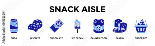Snack Aisle Icon Set Collection Pack Banner Web Vector Illustration  Concept Containing Soda, Biscuits, Chocolate, Ice Cream, Canned Food, Bakery, Groceries
