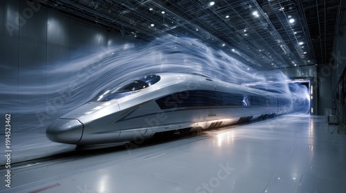 High speed train prototype undergoing wind tunnel testing on blurred background 
