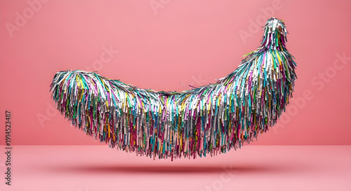 A uniquely decorated banana with vibrant, shimmering, and metallic strands hanging from it, set against a plain pink background