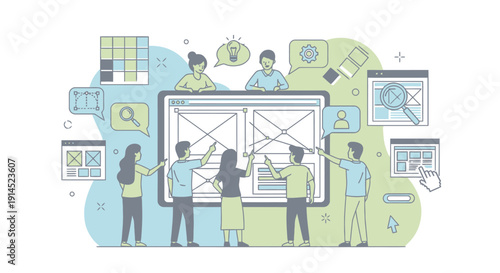 Team collaboration over a digital whiteboard with wireframe sketches