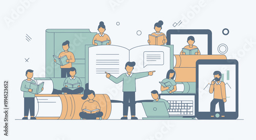 Students Engaged with Books Laptop Tablet and Mobile Devices in Learning Scene