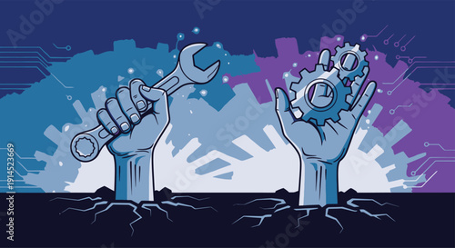 Robot mechanic hands with wrench and gears emerging from ground