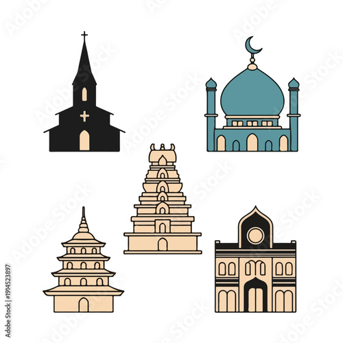 A set of colorful illustrations of religious buildings including a church, mosque, pagoda, and synagogue in various architectural styles. Perfect for cultural presentations, educational