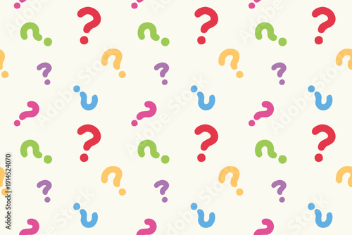 ランダムに散らばるカラフルな疑問符模様のシームレスパターン　ポップなはてなマーク(クエスチョンマーク)柄のベクター背景イラスト