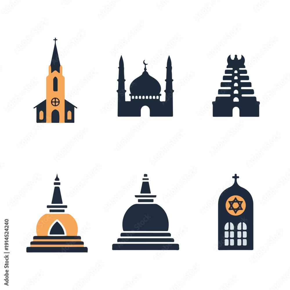 Obraz premium A set of six religious building icons in orange and black silhouettes, featuring various architectural styles on a white background. Perfect for education, presentations, and cultural