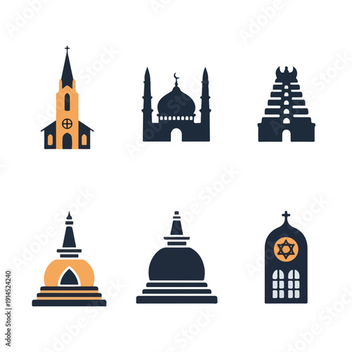 A set of six religious building icons in orange and black silhouettes, featuring various architectural styles on a white background. Perfect for education, presentations, and cultural