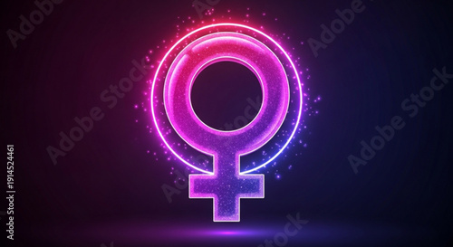 Glowing neon female symbol on dark background with pink and purple lights