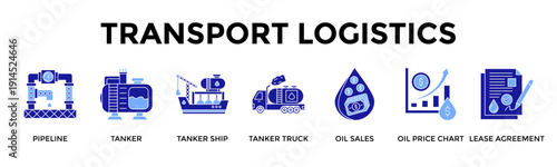 Transport Logistics Icon Set Collection Pack Banner Web Vector Illustration  Concept Containing Pipeline, Tanker, Tanker Ship, Tanker Truck, Oil Sales, Oil Price Chart, Lease Agreement
