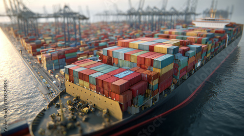 An impressive view of a large cargo ship at the port, loaded with containers. The ship is surrounded by cranes and containers