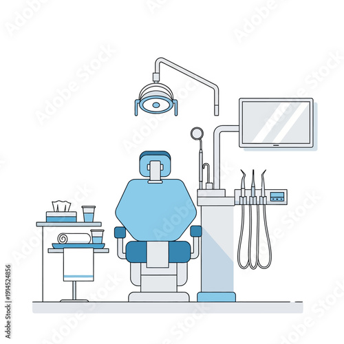 Modern Dental Clinic Interior with Chair, Lamp, and Instruments - Flat Design