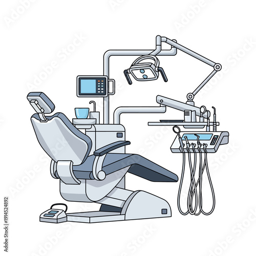 Modern Dental Chair Unit with Instruments and Light - Illustration