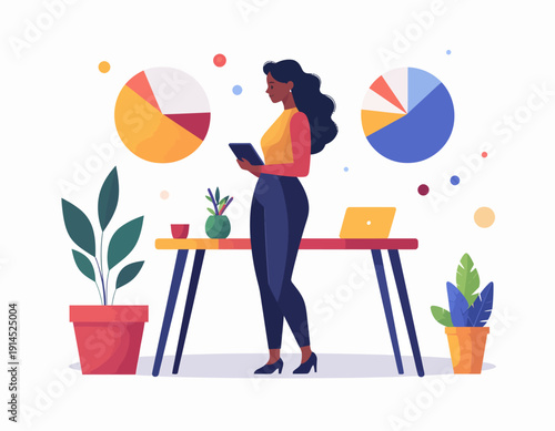 Focused businesswoman analyzing financial data and market trends on a digital tablet, surrounded by vibrant pie charts and modern office elements, representing strategic planning and business growth