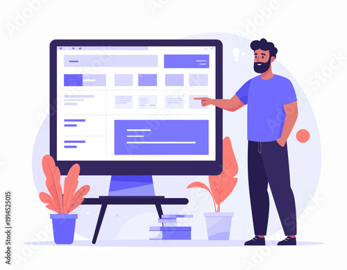 Modern web development concept with man pointing at computer screen displaying website interface and minimalist plants