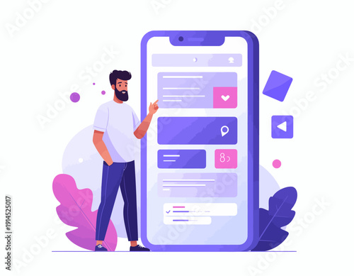 Vibrant illustration of a user navigating a mobile application on a smartphone, representing the concepts of digital technology, app development, and intuitive user interfaces